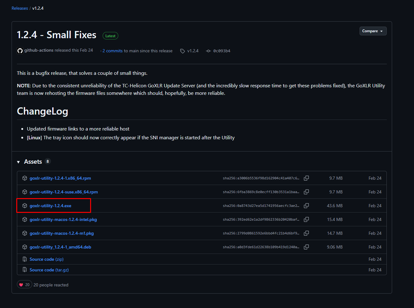 GoXLR Utility GitHub release Assets with the Windows .exe highlighted