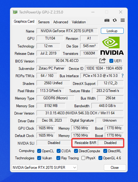 GPU-Z Resizable BAR status