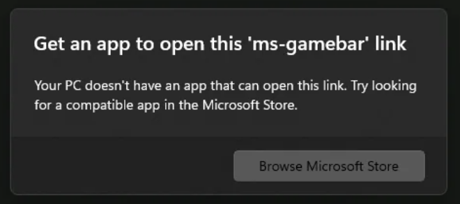 ms-gamebar Open With popup after uninstalling Xbox Game Bar