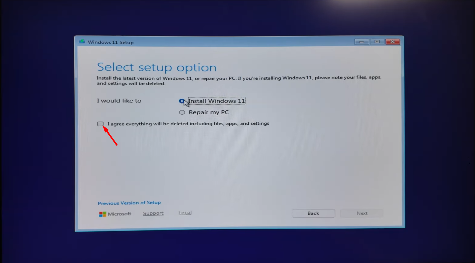 Select setup option