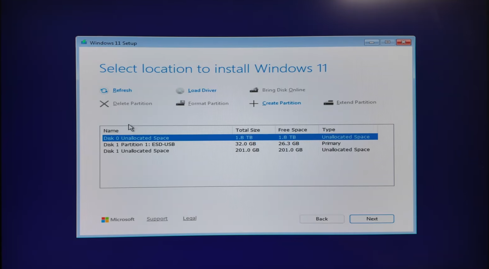 Select location to install Windows