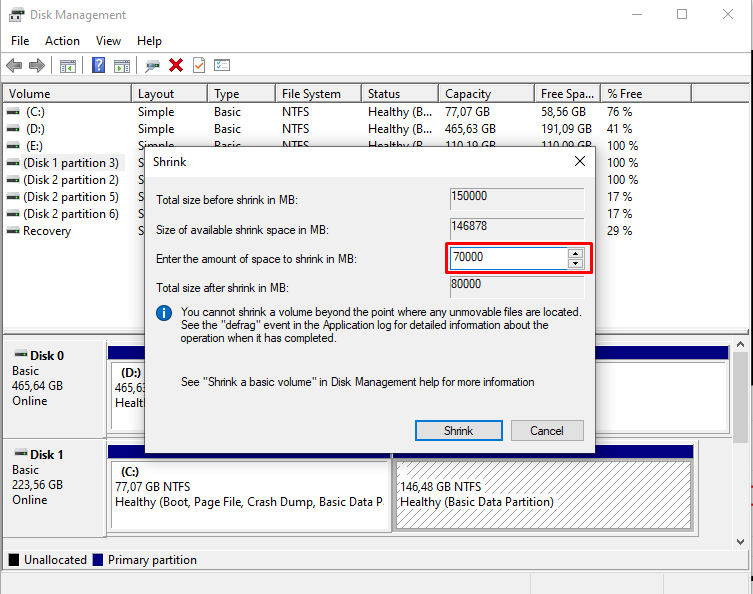 Partition allocation size