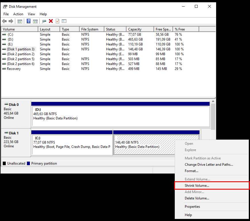 Shrink Volume in Disk Management